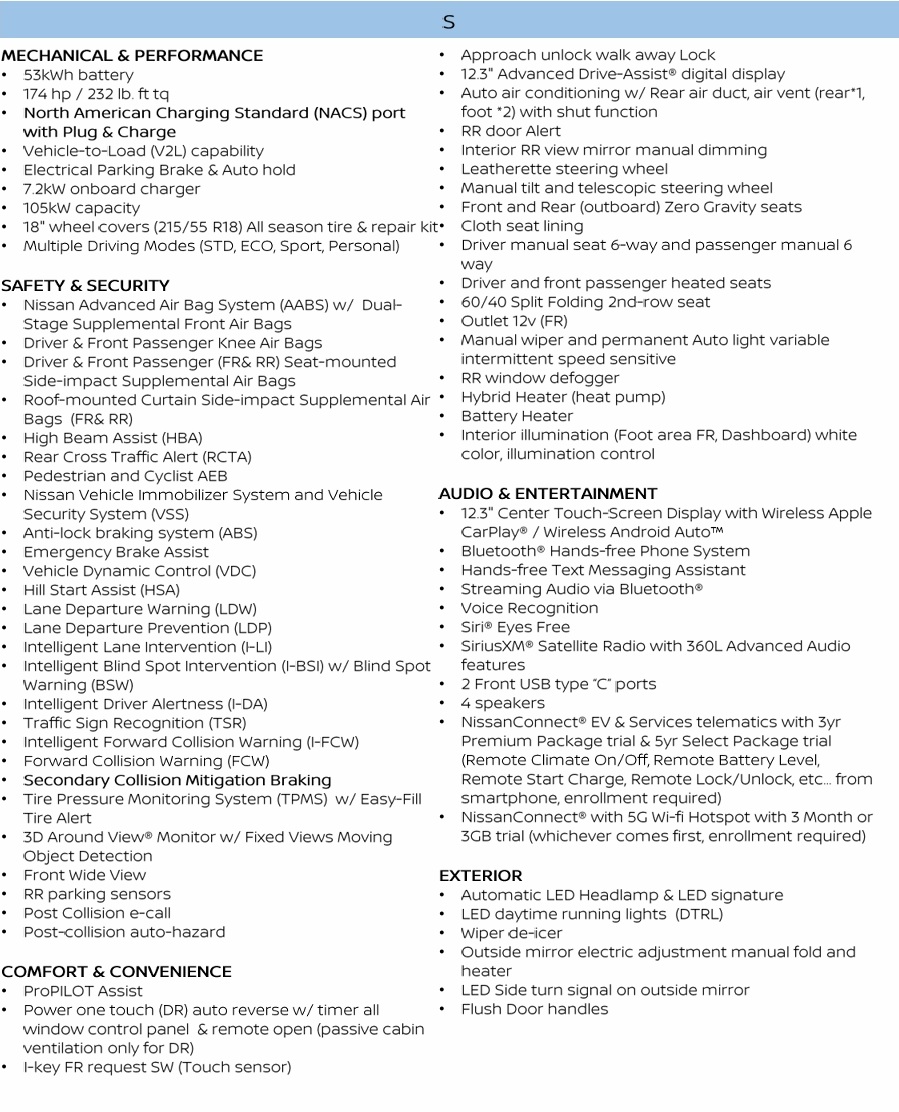 2026 Nissan Leaf S features