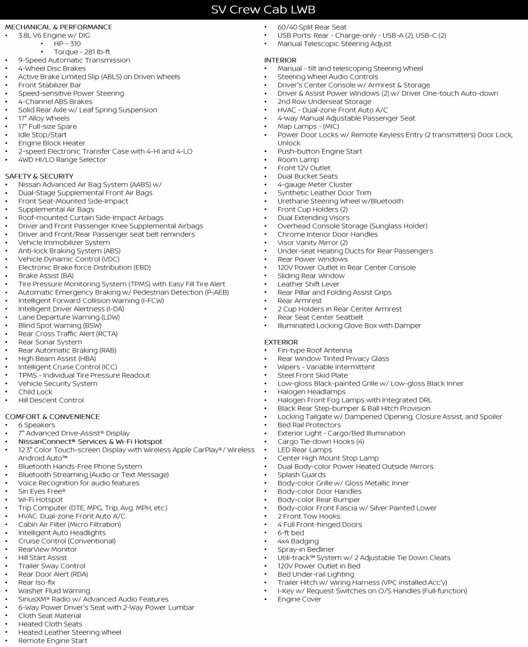 2025 Nissan Frontier SV Crew Cab LWB features