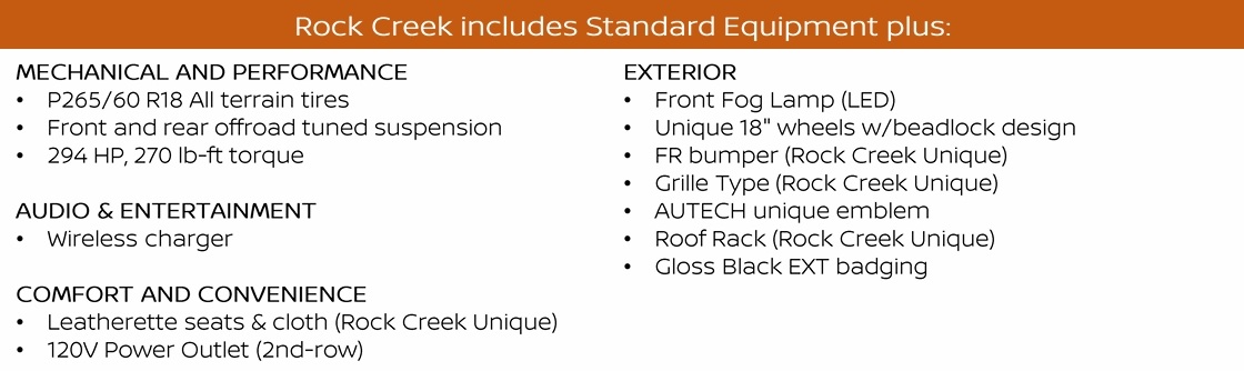 2026 Nissan Pathfinder Rock Creek features