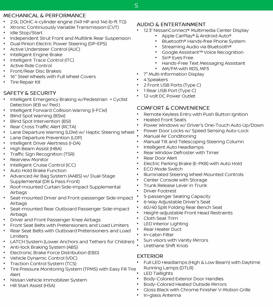 2026 Nissan Sentra S features